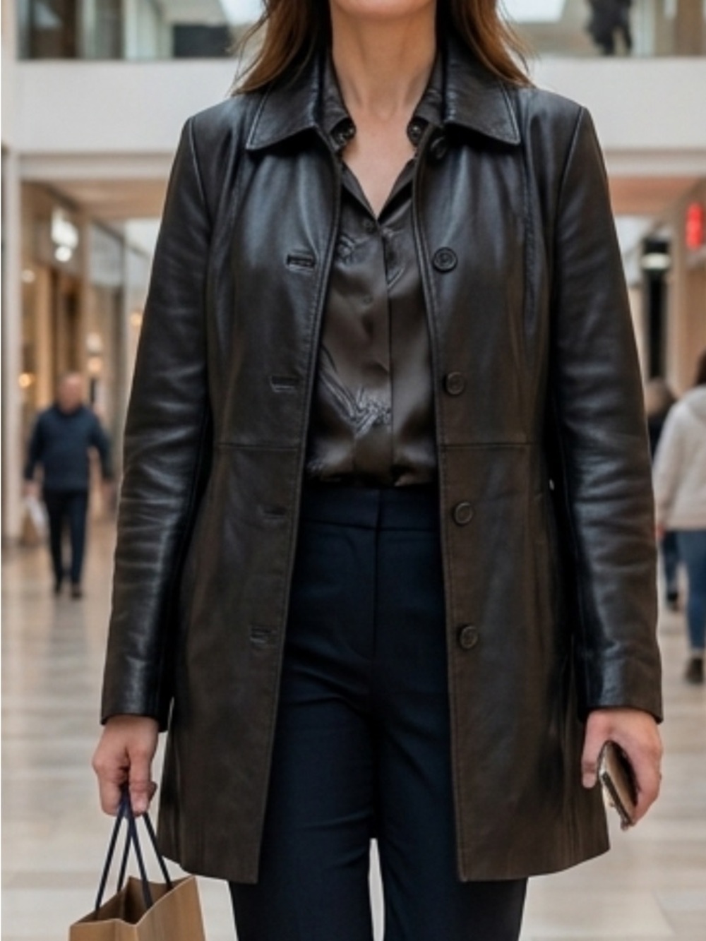 Women's Black Leather Button-Front Coat